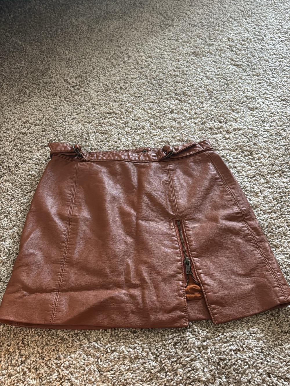 Free People Brown Faux Leather Mini Skirt with Front Zip